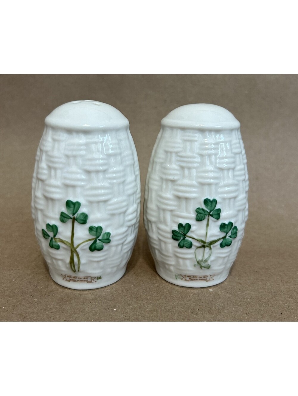 Belleek Ireland Vintage Porcelain Hand Painted Shamrock Salt & Pepper Shakers